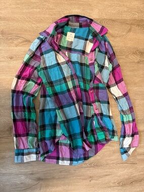 American Eagle Outfitters Plaid Button-Up in Teal, Purple & Pink